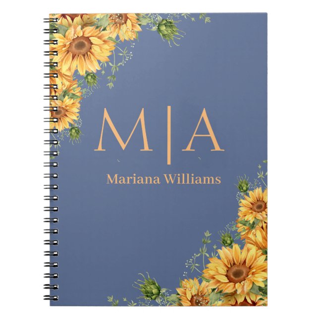 botanical monogram sunflowers orange blue nova notebook (Front)
