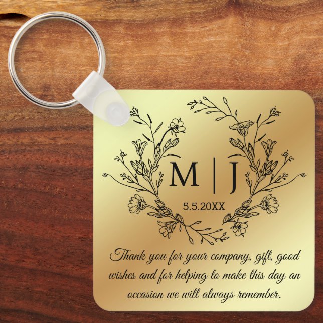  botanical monogram thank you wedding gold key ring (Front)