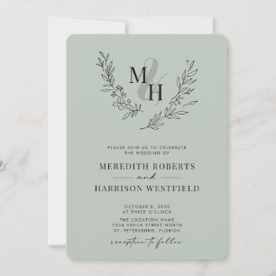 Botanical Monogram Wreath QR Code Sage Wedding Inv Invitation