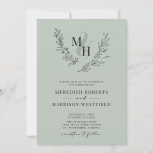 Botanical Monogram Wreath QR Code Sage Wedding Invitation