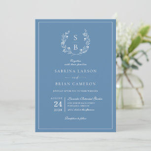 Botanical Monogram Wreath Royal Blue Wedding  Invitation