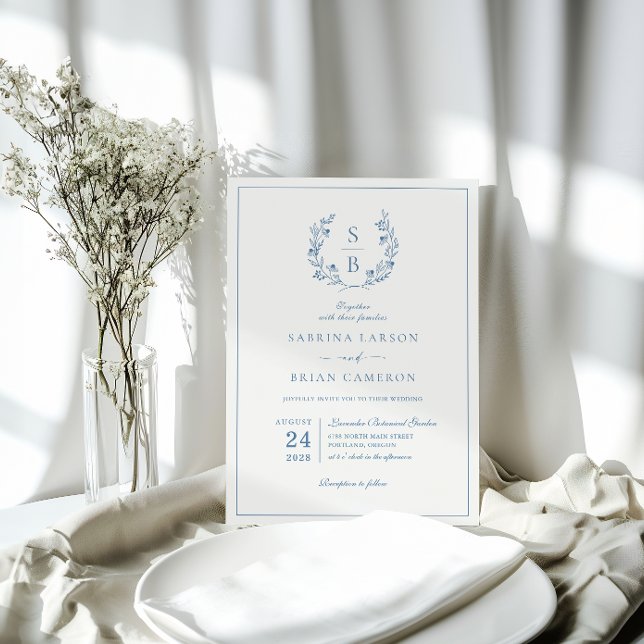 Botanical Monogram Wreath Royal Blue Wedding  Invitation (Creator Uploaded)