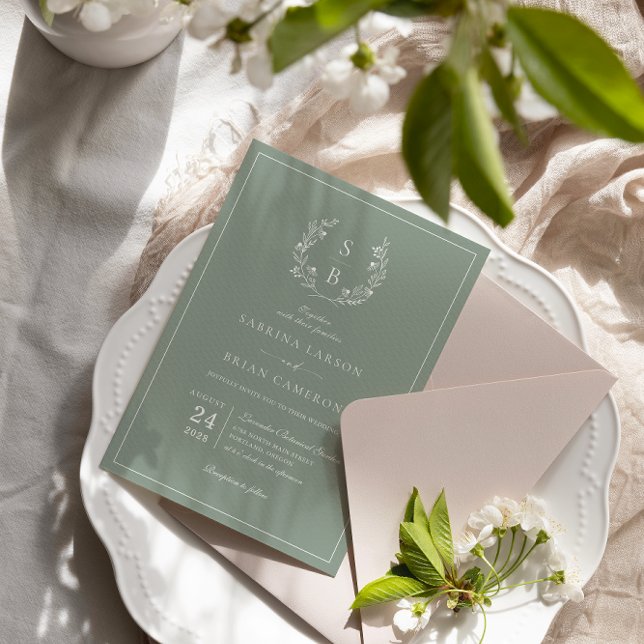 Botanical Monogram Wreath Sage Green Wedding  Invitation (Creator Uploaded)