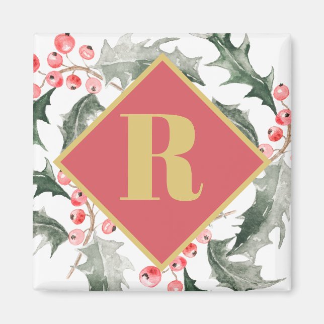 Botanical Monogrammed Christmas Holly Magnet (Front)