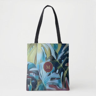 Botanical Moody Blue Monstera Leaves with Monogram Tote Bag