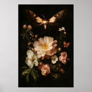 Botanical Moth Dark Floral Art Antique Butterfly Poster