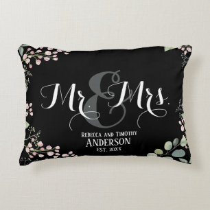 Botanical Mr Mrs Personalised Black Wedding Decorative Cushion