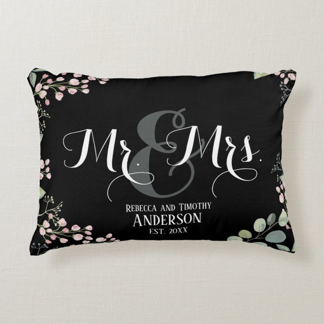 Botanical Mr Mrs Personalised Black Wedding Decorative Cushion (Front)