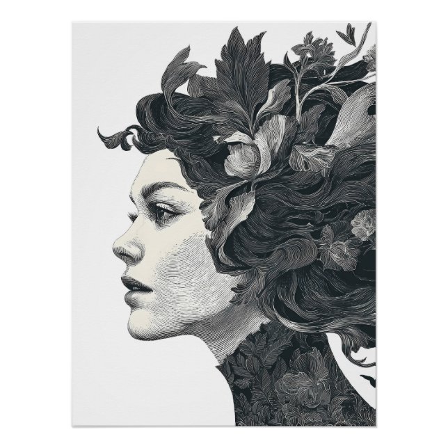 Botanical Muse Monochrome Nature Portrait Poster (Front)