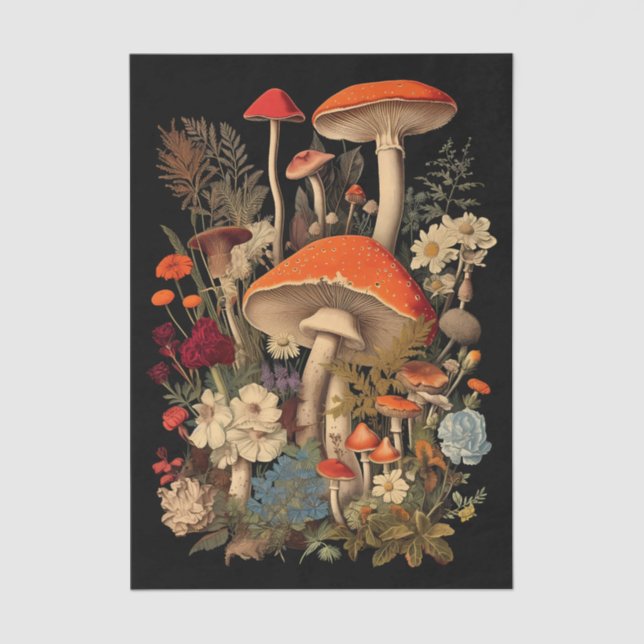 Botanical Mushrooms & Flowers on Black Background Tissue Paper (Front)