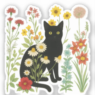 Botanical Nature – Black Cat in Wildflower Garden