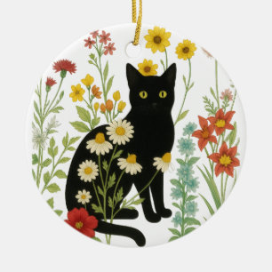 Botanical Nature – Black Cat in Wildflower Garden Ceramic Tree Decoration