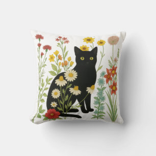 Botanical Nature – Black Cat in Wildflower Garden Cushion