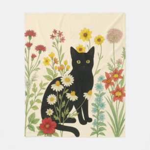 Botanical Nature – Black Cat in Wildflower Garden Fleece Blanket