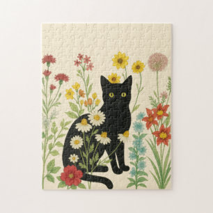 Botanical Nature – Black Cat in Wildflower Garden Jigsaw Puzzle
