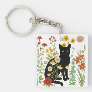 Botanical Nature – Black Cat in Wildflower Garden Key Ring