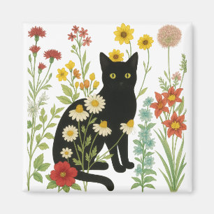  Botanical Nature – Black Cat in Wildflower Garden Magnet