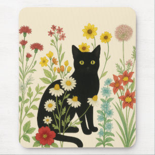 Botanical Nature – Black Cat in Wildflower Garden Mouse Mat