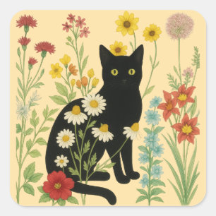 Botanical Nature – Black Cat in Wildflower Garden Square Sticker