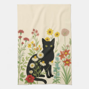 Botanical Nature – Black Cat in Wildflower Garden Tea Towel