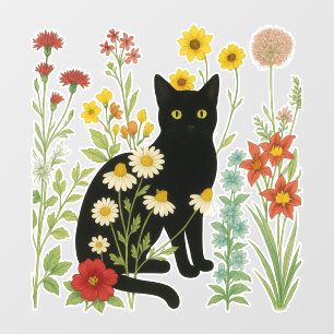 Botanical Nature – Black Cat in Wildflower Garden Window Cling