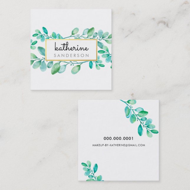 BOTANICAL NATURE modern watercolor painted leaves Square Business Card (Front/Back)