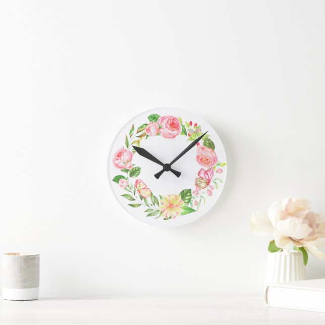 Botanical nature watercolor flower rose wreath round clock (Home)