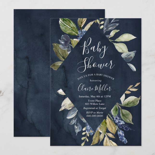 Botanical Navy Baby Shower invitation (Front/Back)