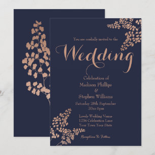 Botanical Navy Blue and  Rose Gold Wedding Invitation