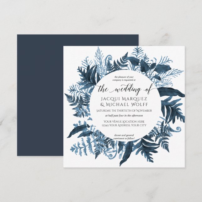 Botanical Navy Blue Fern Foliage Watercolor Wreath Invitation (Front/Back)