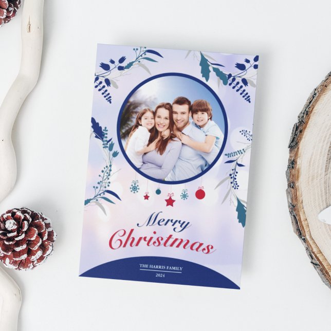 Botanical Navy Blue Floral Photo Frame | Christmas Holiday Card (Navy Blue Botanical Floral Photo Frame Christmas Holiday Card)