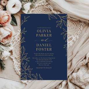 Botanical Navy Blue Gold Elegant Wedding Invitation