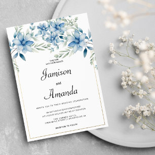 Botanical navy blue mint floral wedding invitation