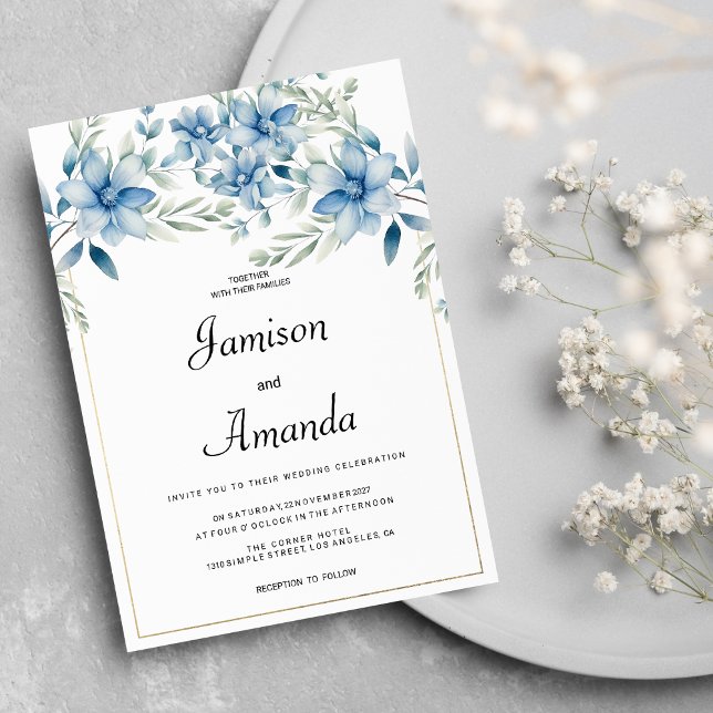 Botanical navy blue mint floral wedding invitation (Botanical navy blue mint floral wedding )