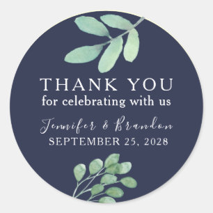 Botanical Navy Blue Wedding Thank You Favour Classic Round Sticker