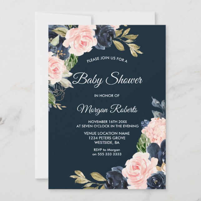 Botanical Navy & Blush Floral Neutral Baby Shower Invitation (Front)