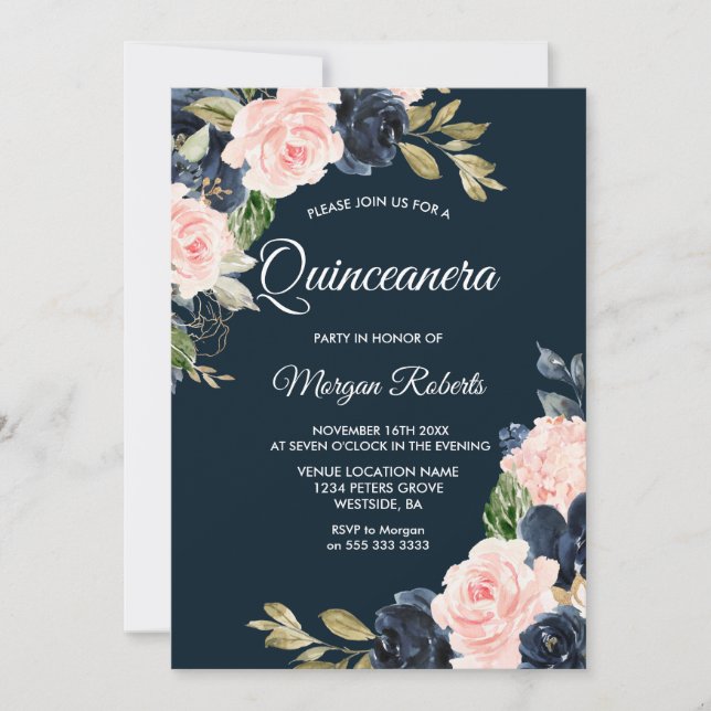 Botanical Navy & Blush Floral Quinceanera Party Invitation (Front)