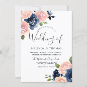 Botanical Navy & Blush Flowers Elegant Wedding Invitation