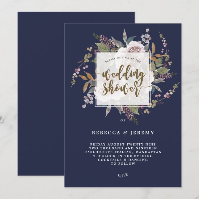 botanical navy purple wedding shower invitation (Front/Back)