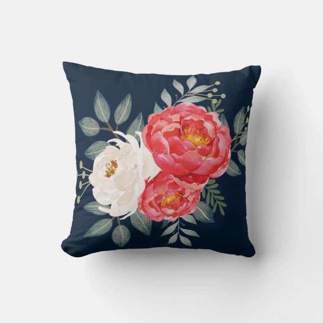 Botanical Navy, Red & Ivory Floral Cushion (Front)