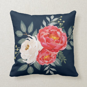 Botanical Navy, Red & Ivory Floral Cushion