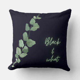 "Botanical Noir: Green Leaves on Black Pillow" Cushion