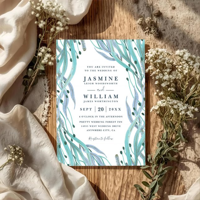 Botanical Ocean Coral Reed Elegant QR Code Wedding Invitation (Creator Uploaded)