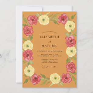 Botanical Ochre Magenta Peony Wedding Invitation