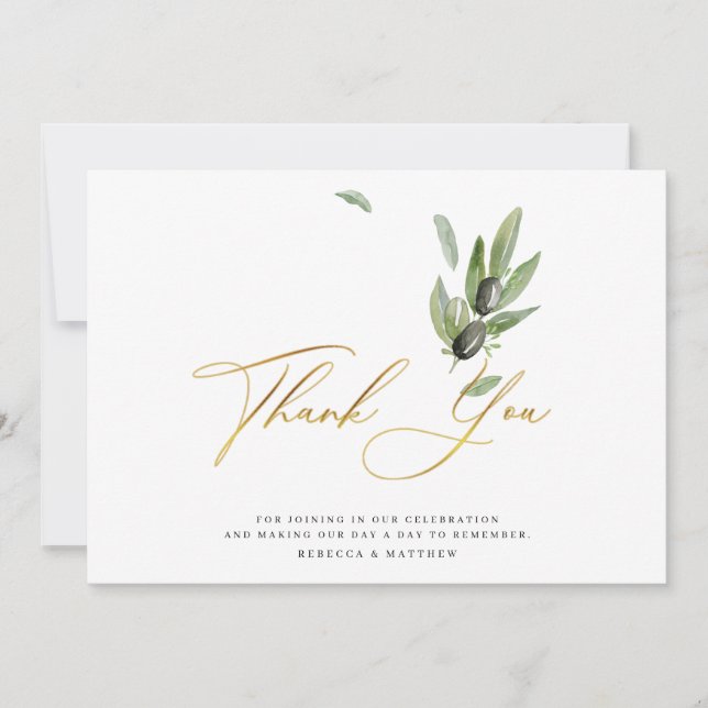 Botanical Olive Branch Elegant Calligraphy Wedding Thank You Card (Front)
