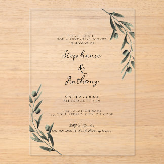 Botanical Olive Branch Italian Rehearsal Dinner Acrylic Invitations