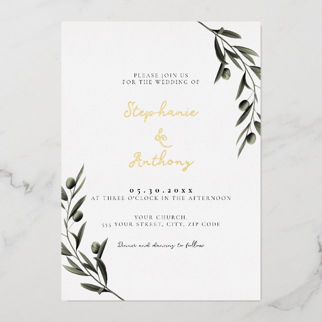 Botanical Olive Branch Leaves Italian Wedding  (Front)