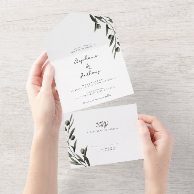 Botanical Olive Branch Leaves Italian Wedding  All In One Invitation (Tearaway)