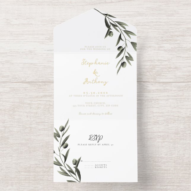 Botanical Olive Branch Leaves Italian Wedding  All In One Invitation (Inside)