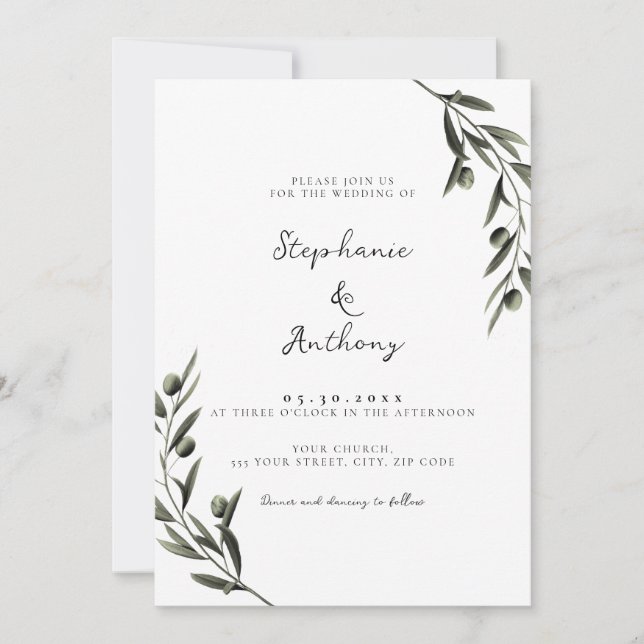 Botanical Olive Branch Leaves Italian Wedding Invitation (Front)